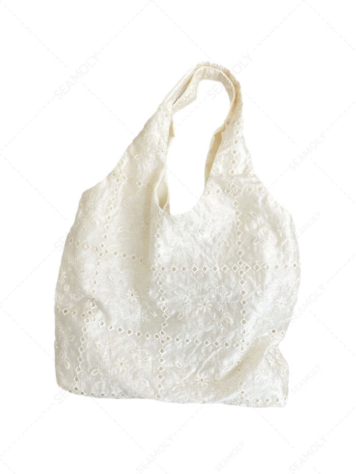 French Checkered Eyelet Floral Embroidery Vest-style Tote Bag