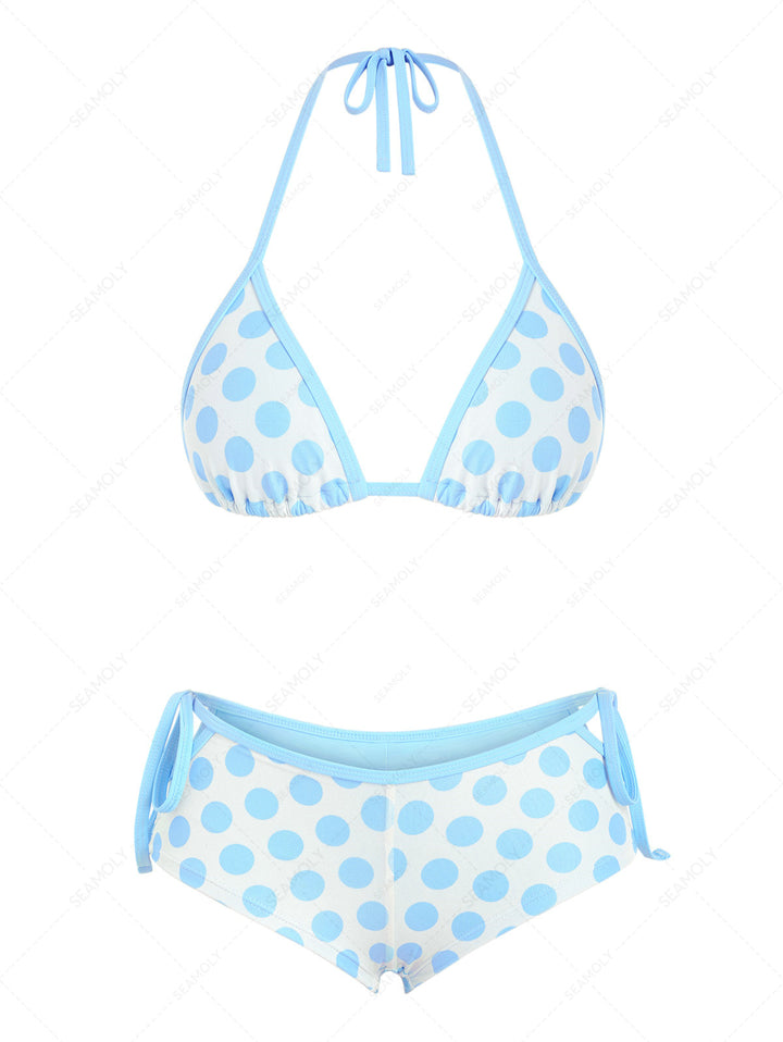 Seamolly Polka Dot Contrast Binding Cutout Tied Cheeky Boyshorts Bikini Set