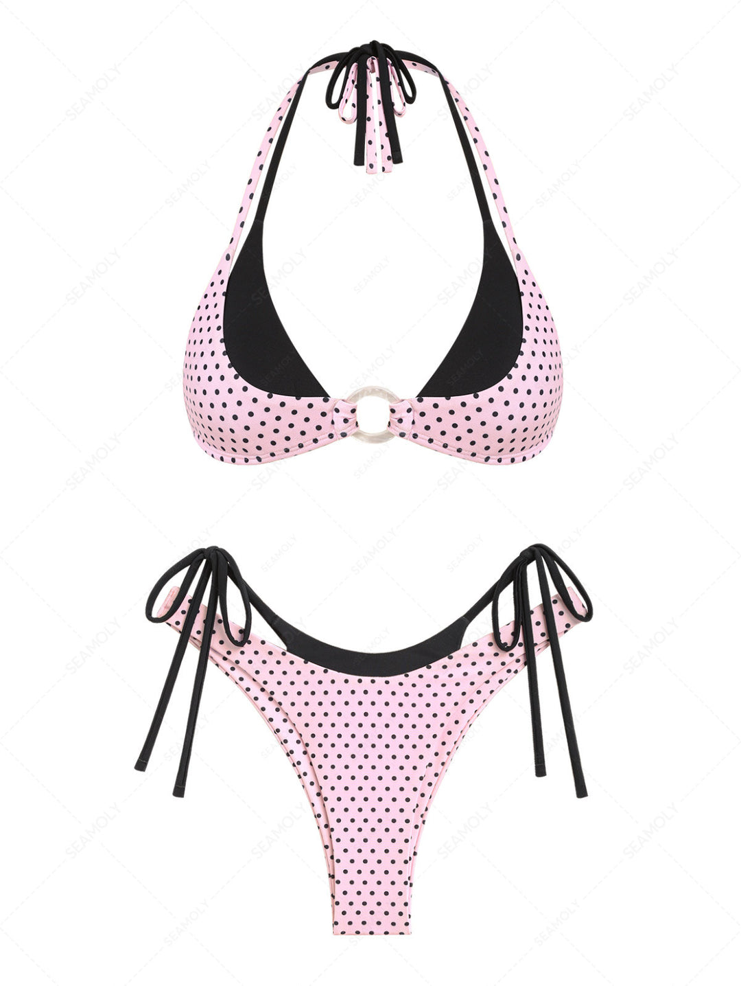 Seamolly 3 Piece Polka Dot Print O Ring Double Layer Cheeky Boyshort Bikini Set