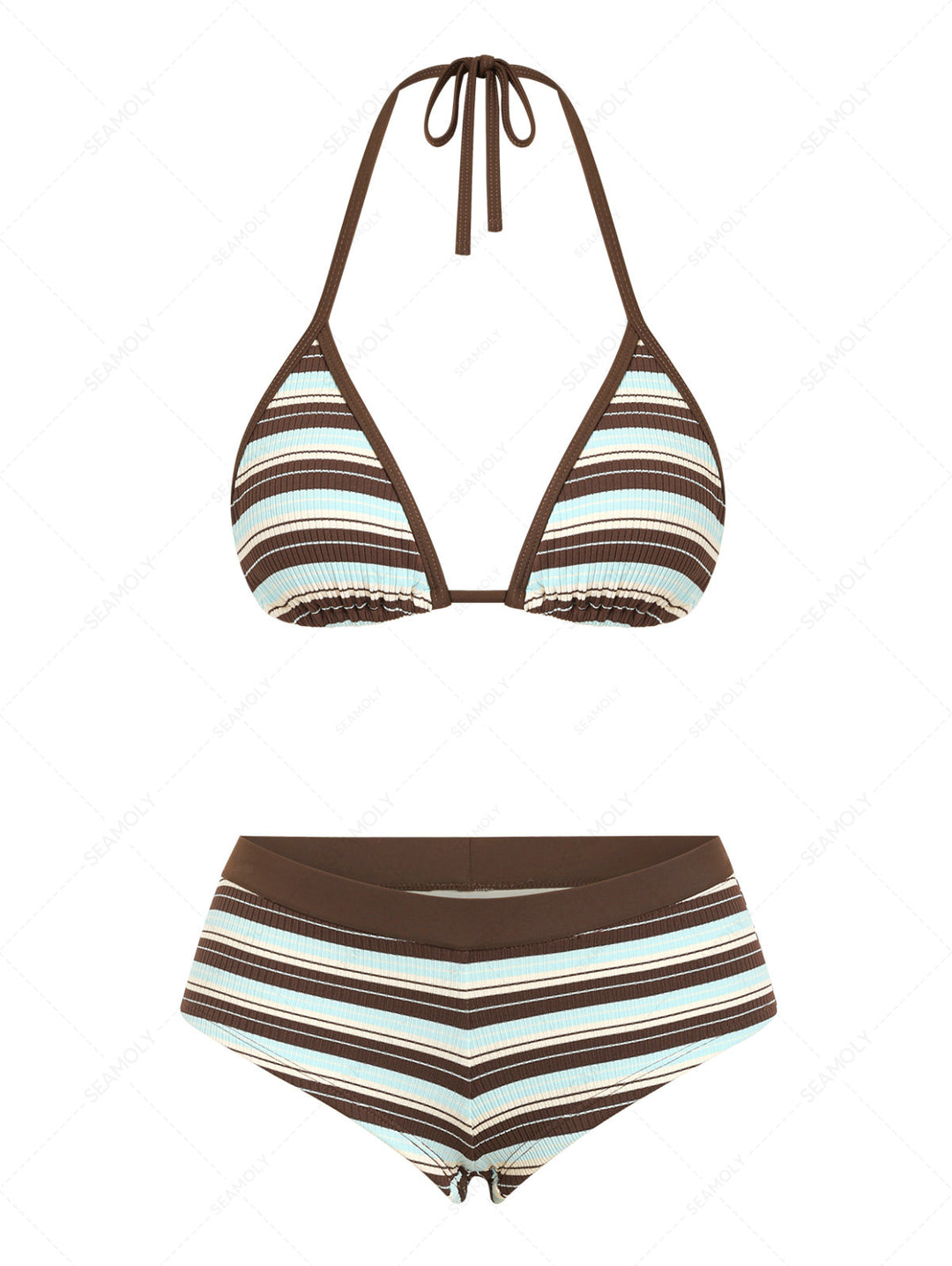 Seamolly Striped Contrast Binding Triangle Cheeky Boyshorts Bikini Set