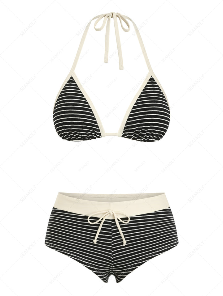 Seamolly Ribbed Striped Contrast Binding Cheeky Boyshorts Bikini Set