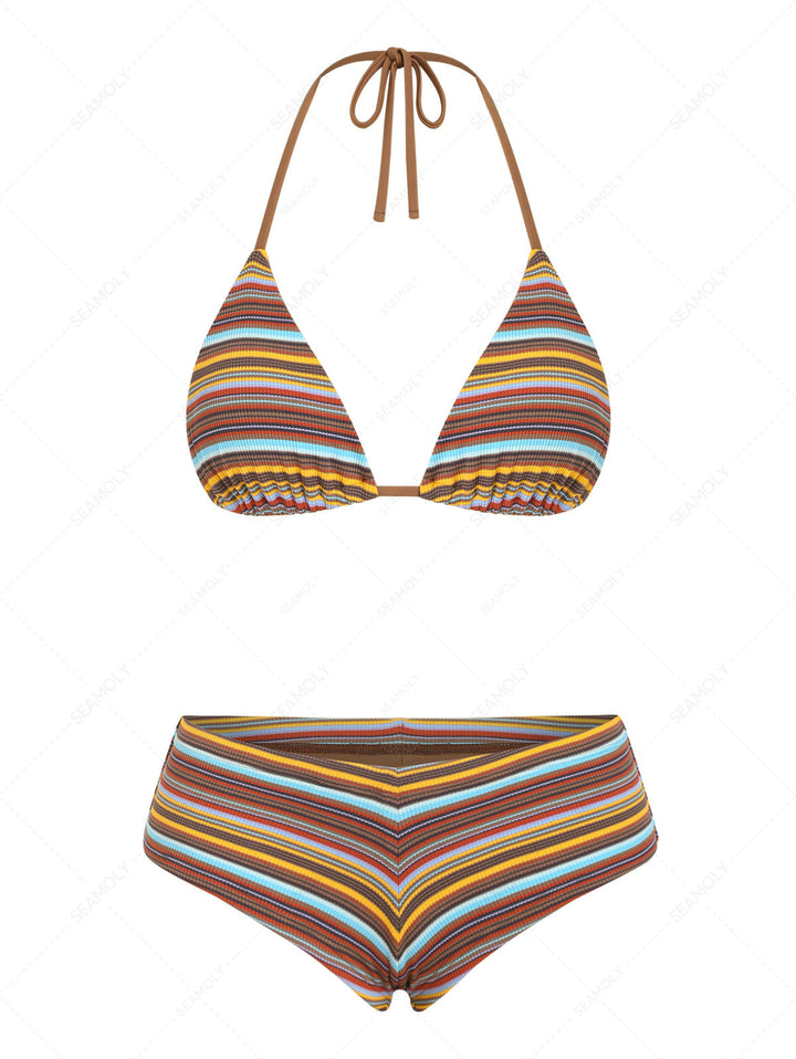 Seamolly Striped Halter Triangle Cheeky Boyshorts Bikini Set