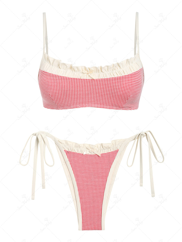 Seamolly Gingham Spliced Ruched Ruffles Trim Bowknot Decor Tie Side Bikini Set