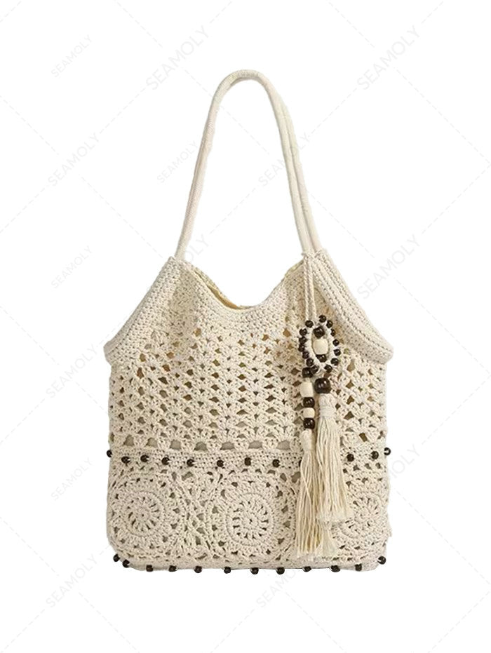 Crochet Hollow Out Beading Tassel Design Shoulder Handbag