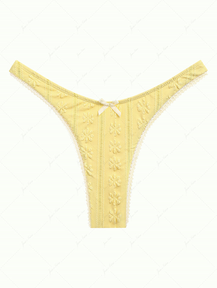 Yellow Floral Jacquard Textured Lace Bowknot Cheeky Bikini Bottom