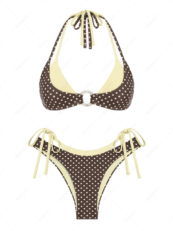 Seamolly Contrast Color Polka Dot Print O Ring Double Layer Bikini Set