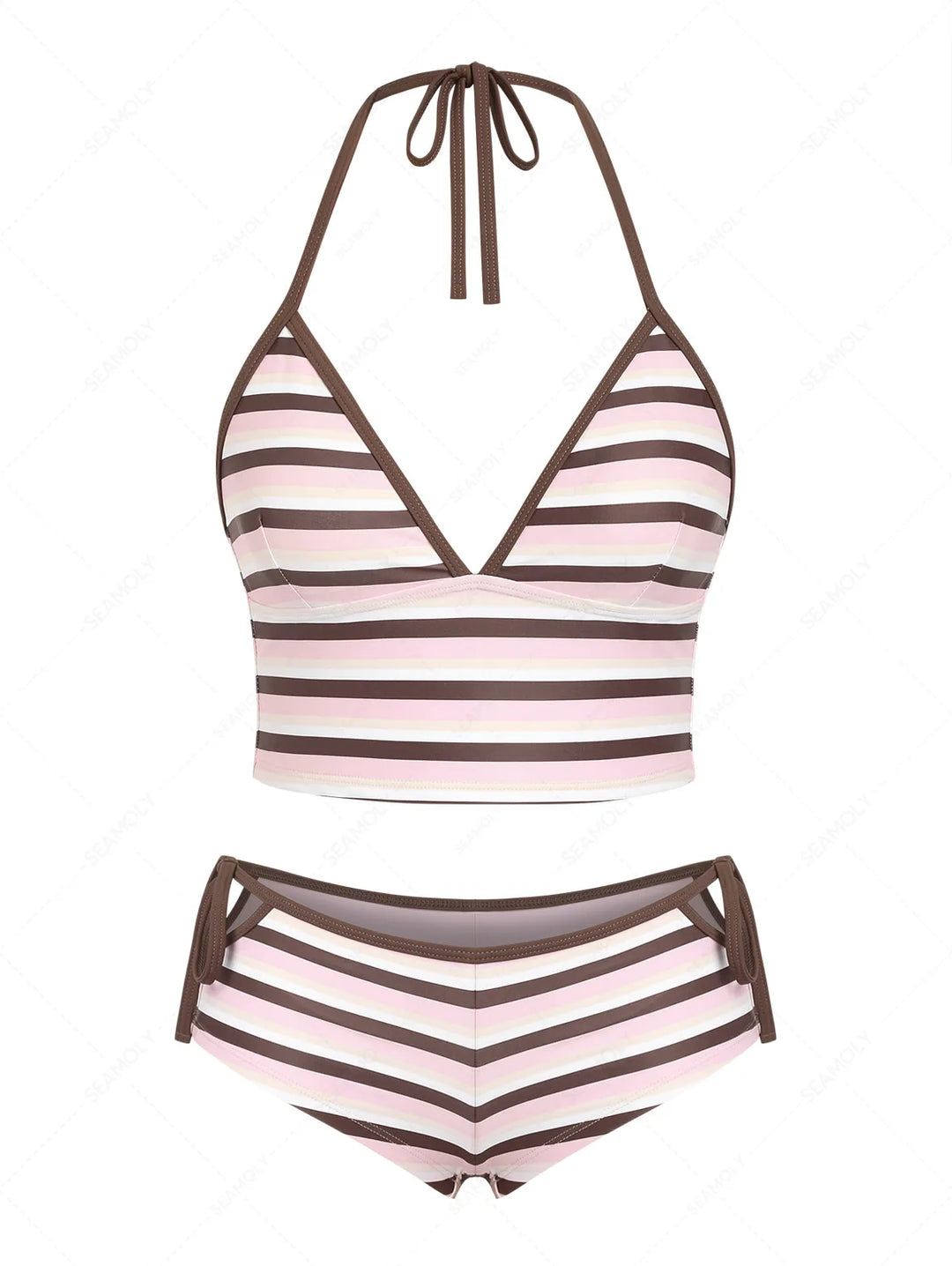 Seamolly Striped Halter Cutout Tied Side Cheeky Boyshorts Tankini Set