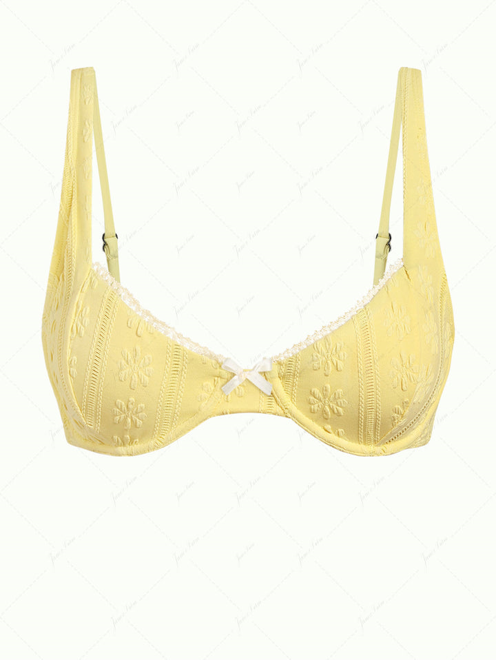 Yellow Jacquard Textured Lace Bowknot Underwire Bikini Top