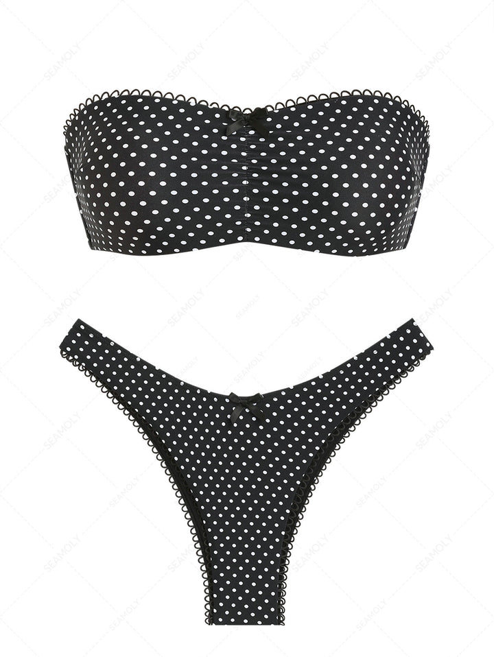 Seamolly Polka Dot Picot Bowknot Lace Up Back Bandeau Bikini Set