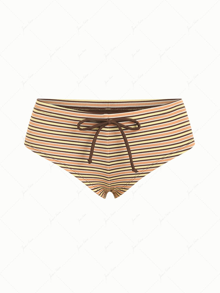 Yellow Ribbed Knit Striped Bowknot Bikini Bottom Cheeky Swim Boyshorts