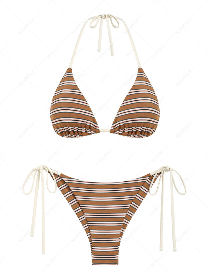 Seamolly Striped Halter Triangle Top & Cheeky Brazilian Bottom Bikini Set