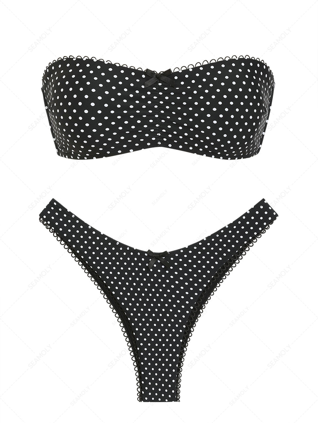 Seamolly 3 Piece Polka Dot Picot Bowknot Lace Up Bandeau Cheeky Boyshort Bikini Set
