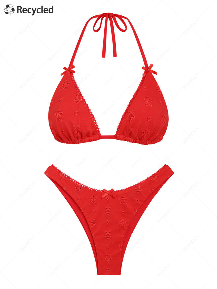 Seamolly Recycled Fabric Floral Jacquard Lace Trim Halter Triangle Cheeky Bikini Set