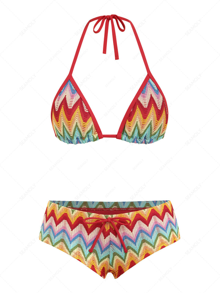 Seamolly Crochet Chevron Contrast Binding Cheeky Boyshorts Bikini Set