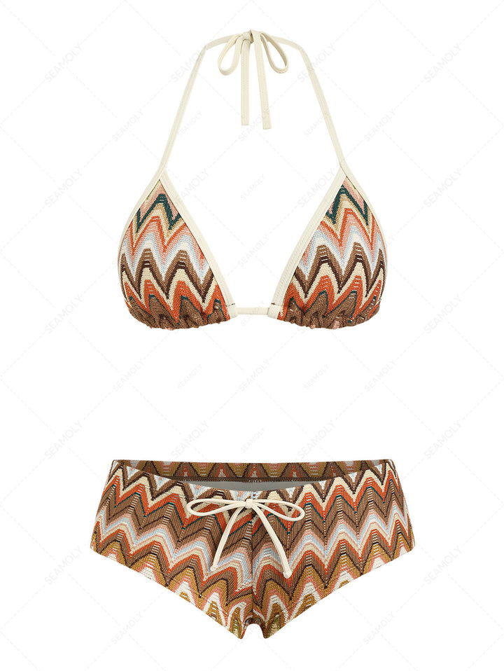 Seamolly Crochet Chevron Contrast Binding Cheeky Boyshorts Bikini Set