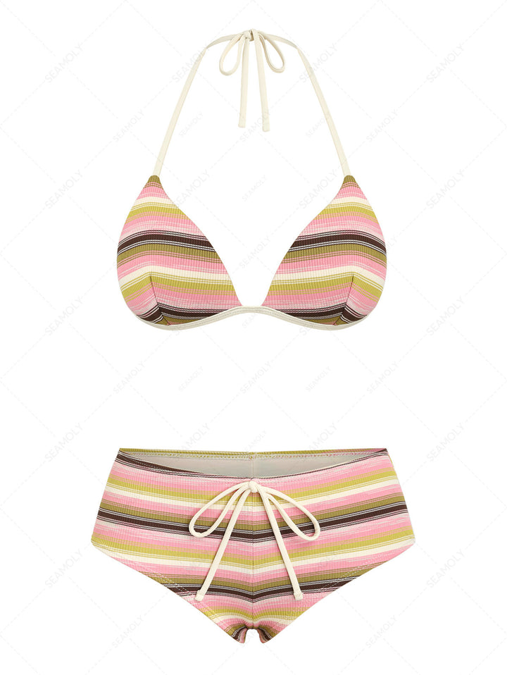 Seamolly Y2K Striped Triangle Push Up Top & Cheeky Boyshorts Bikini Set
