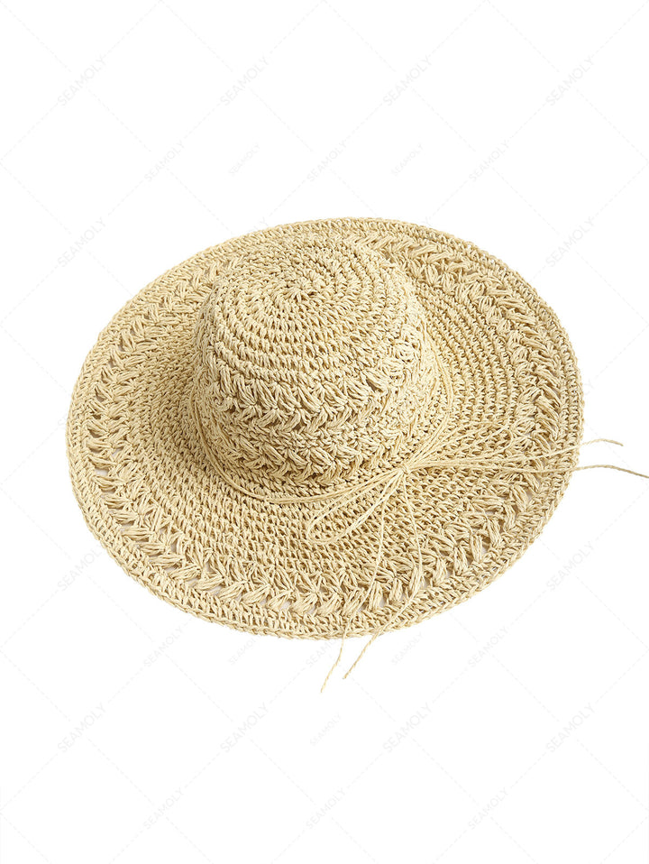 Crochet Hollow Out Floppy Foldable Wide-Brim Straw Bucket Sun Hat