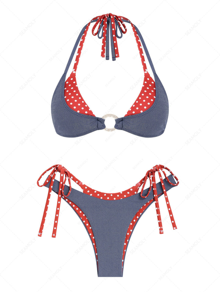 Seamolly Denim Polka Dot Print O Ring Double Layer Bikini Set