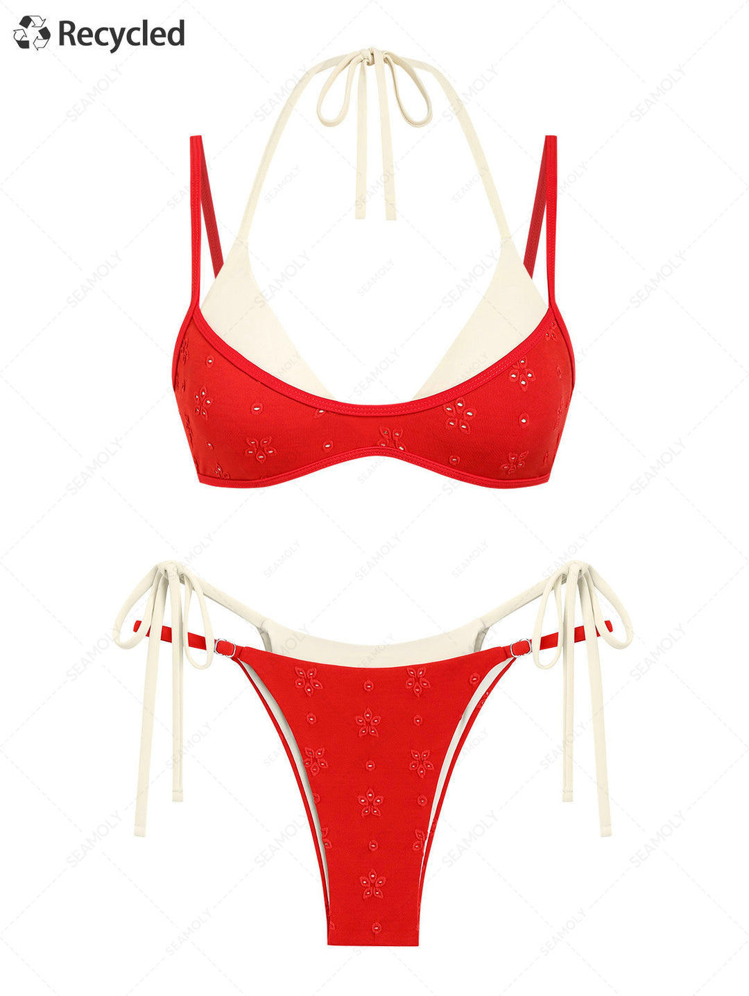 Seamolly 3 Piece Recycled Fabric Jacquard String Double Layer Cheeky Boyshort Bikini Set
