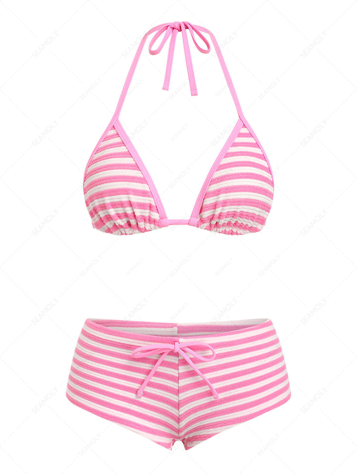 Seamolly Toweling Terry Cloth Striped Contrast Binding Cheeky Boyshorts Bikini Set