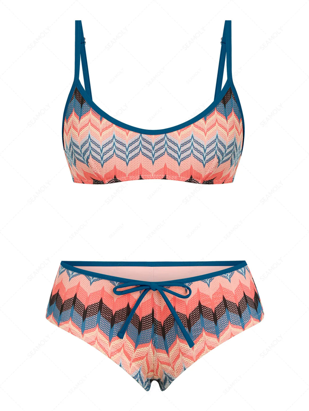 Seamolly Geometric Open-knit Textured Bralette Cheeky Boyshorts Bikini Set