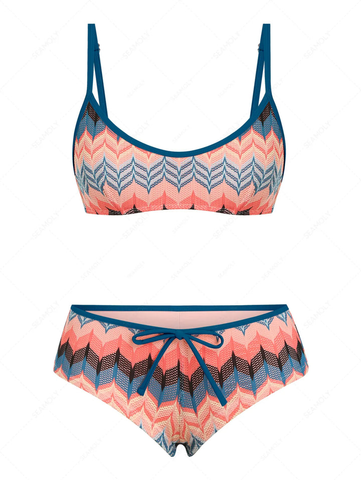 Seamolly Geometric Open-knit Textured Bralette Cheeky Boyshorts Bikini Set