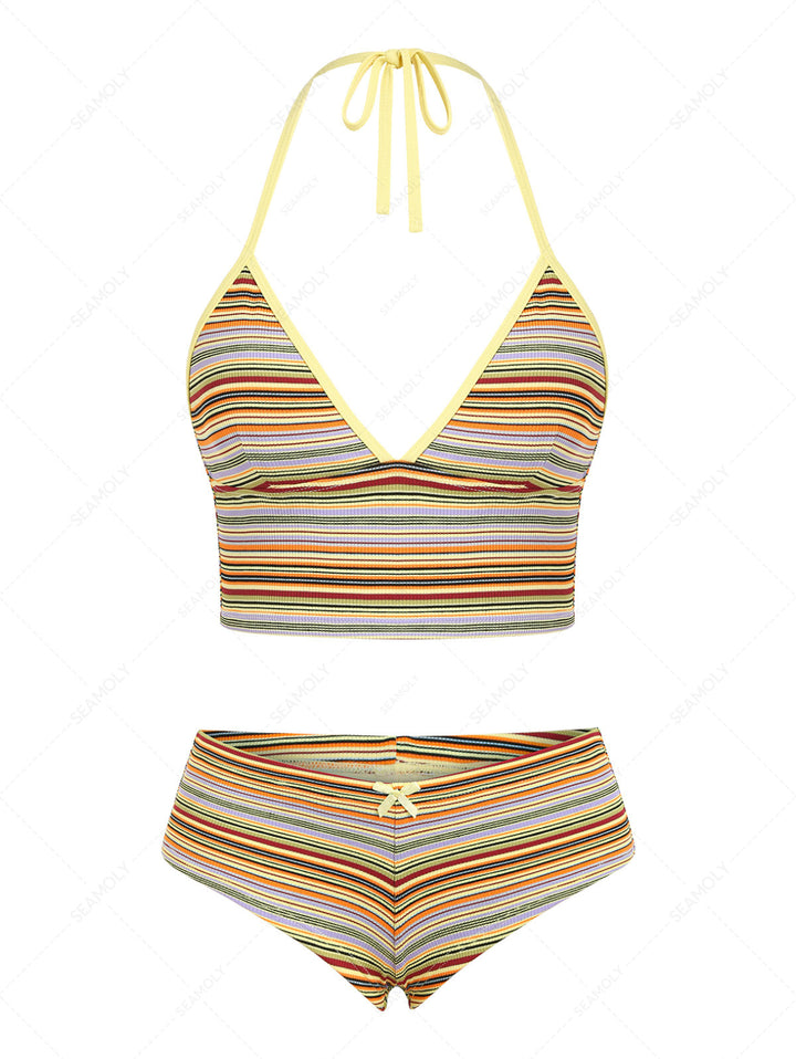 Seamolly Contrast Piping Striped Cheeky Boyshorts Tankini Set