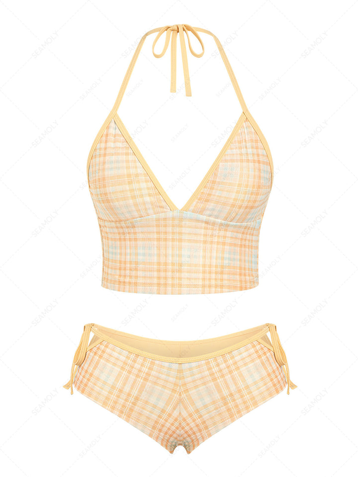 Seamolly Plaid Halter Cutout Tied Side Cheeky Boyshorts Tankini Set