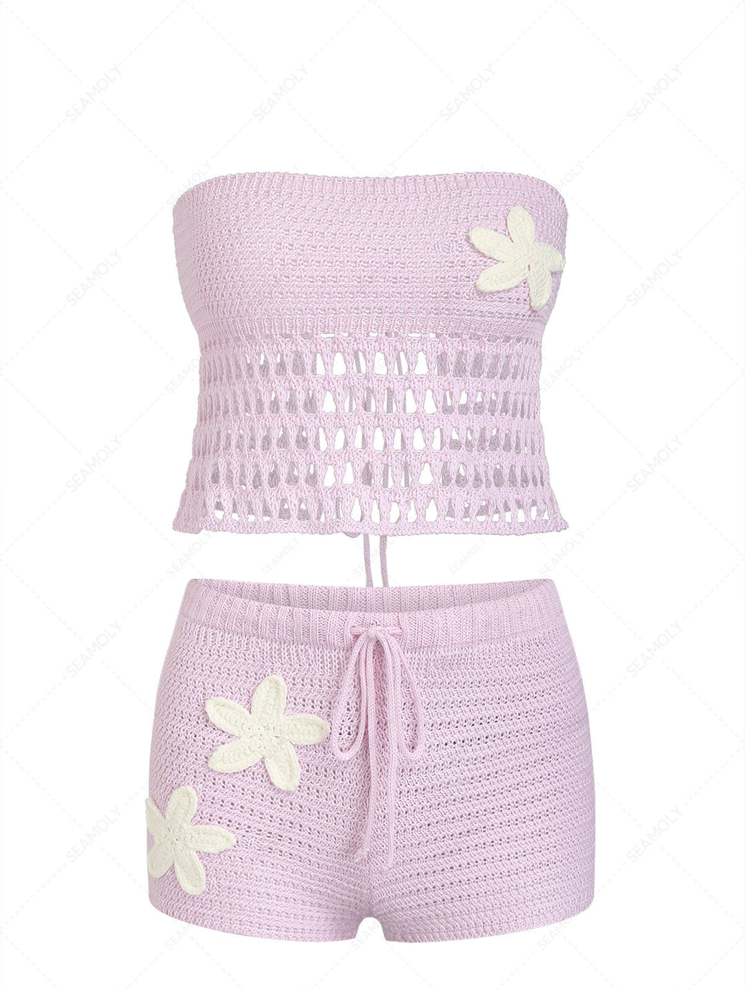 Flower Crochet Strapless Top And Drawstring Shorts Beach Cover Up Two Piece Set
