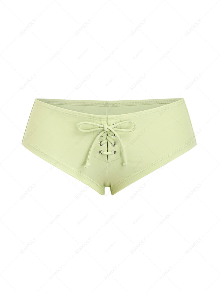 Seamolly Solid Color Grommet Lace Up Bikini Bottom Cheeky Swim Boyshorts