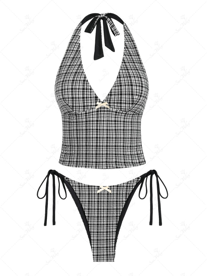 Seamolly Reversible Gingham Bowknot Decor Halter Tie Side Tankini Set