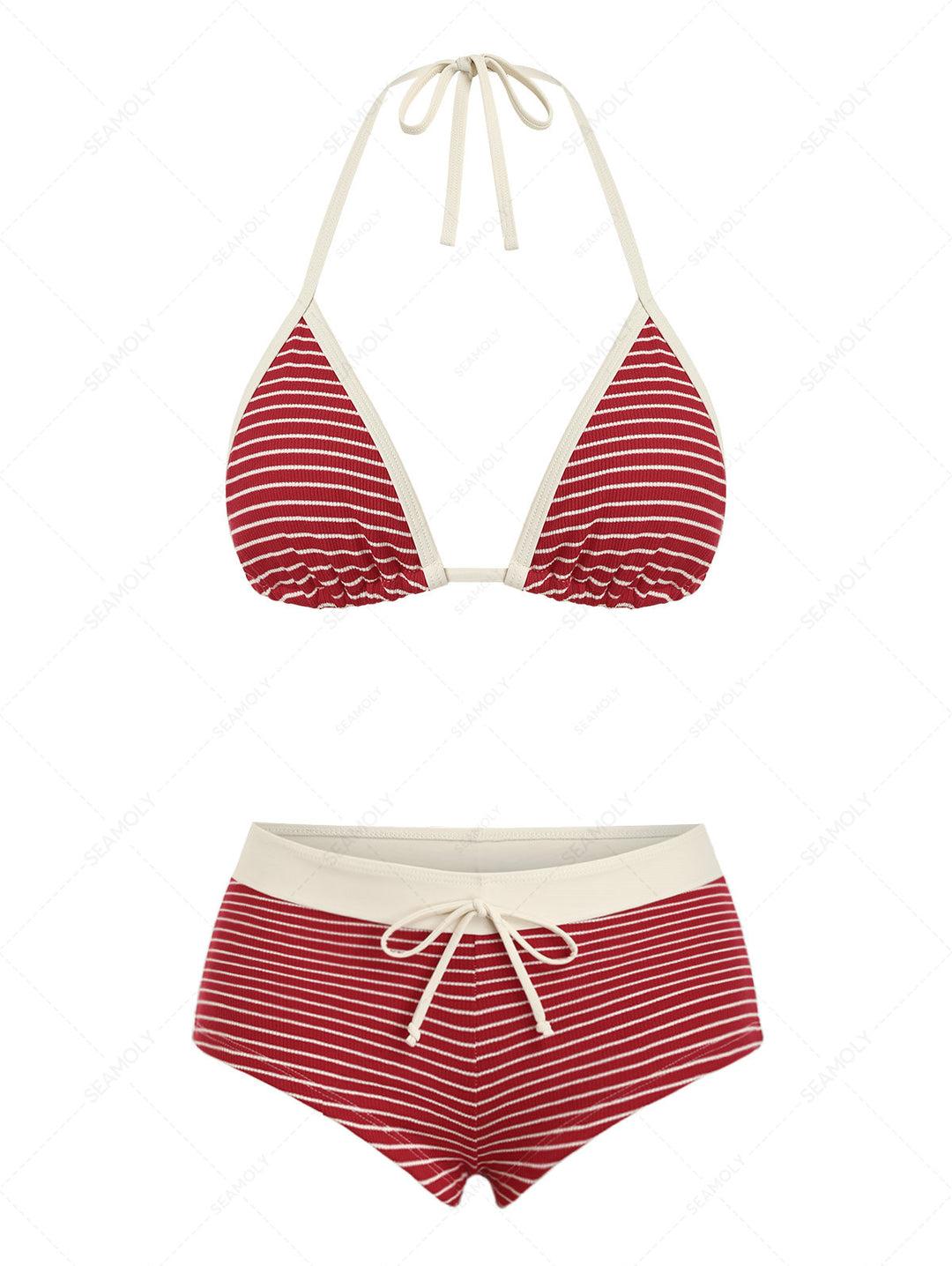 Seamolly Ribbed Striped Contrast Binding Cheeky Boyshorts Bikini Set