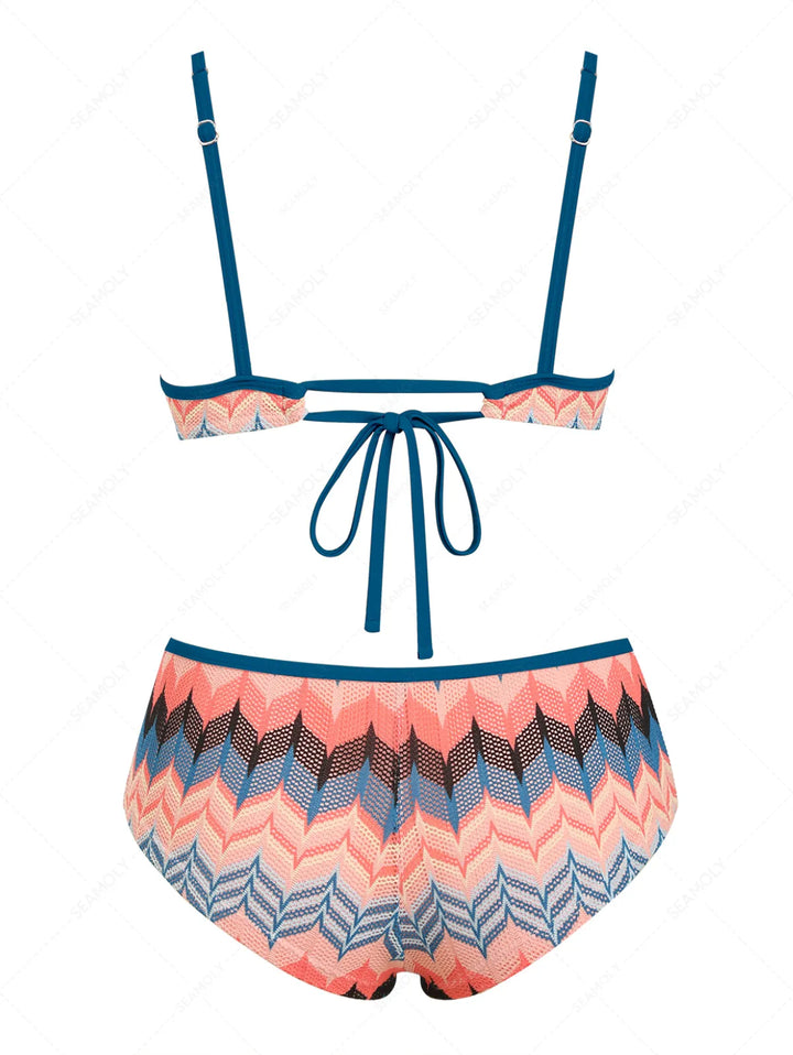 Seamolly Geometric Open-knit Textured Bralette Cheeky Boyshorts Bikini Set
