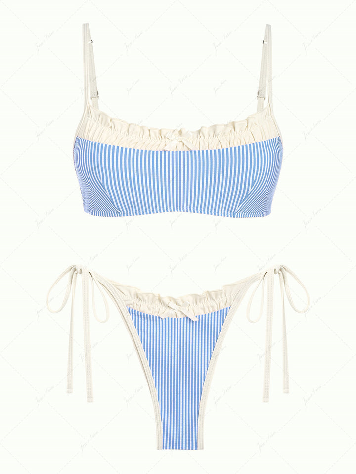 Light Blue Striped Spliced Ruched Ruffles Tie Side Bikini Set