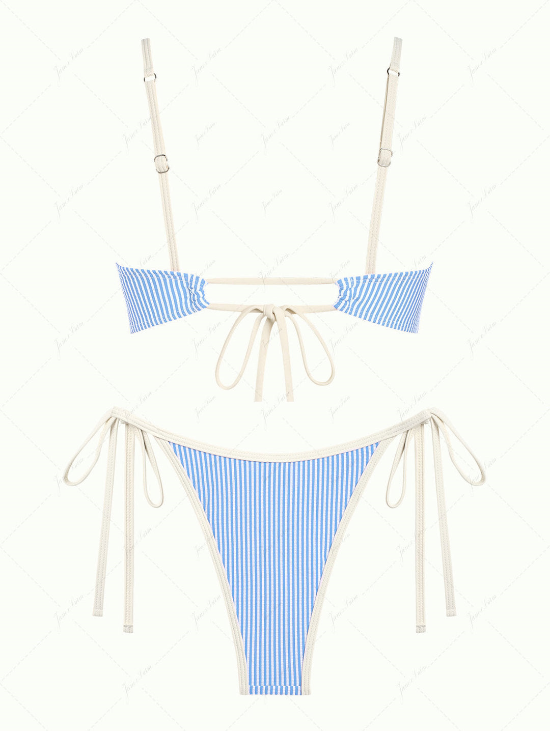 Light Blue Striped Spliced Ruched Ruffles Tie Side Bikini Set