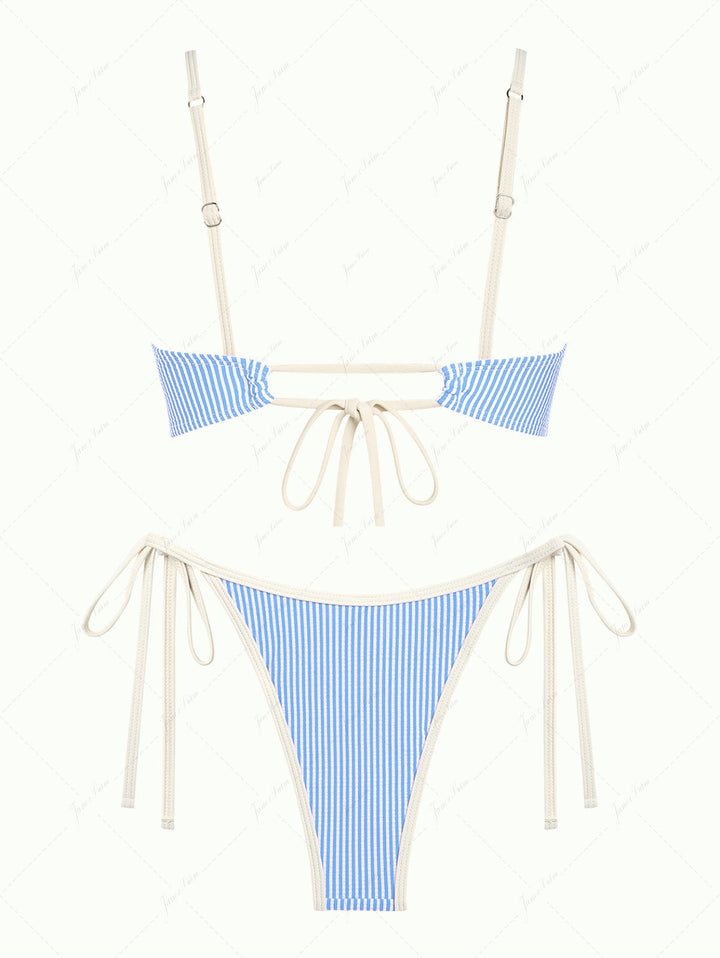 Light Blue Striped Spliced Ruched Ruffles Tie Side Bikini Set