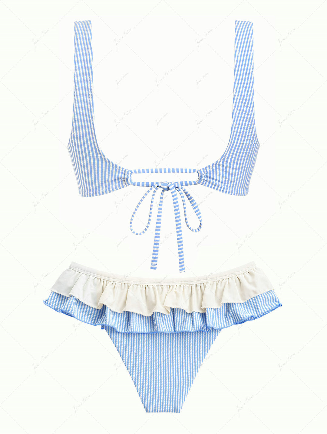 Light Blue Striped Ruched Layered Peplum Skirtini Bikini Set