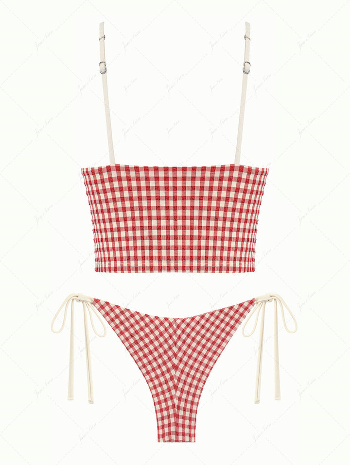 Pomegranate Red Gingham Lace Tank Top & Cheeky Brazilian Bottom Tankini Set