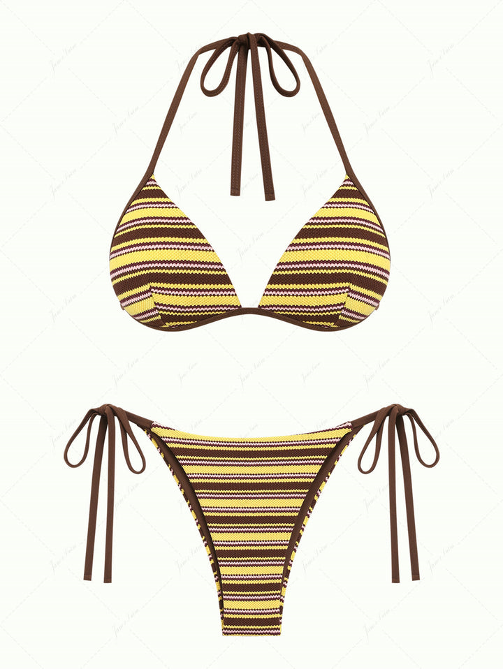 Yellow Knit Striped Textured Triangle Push Up Bikini Set