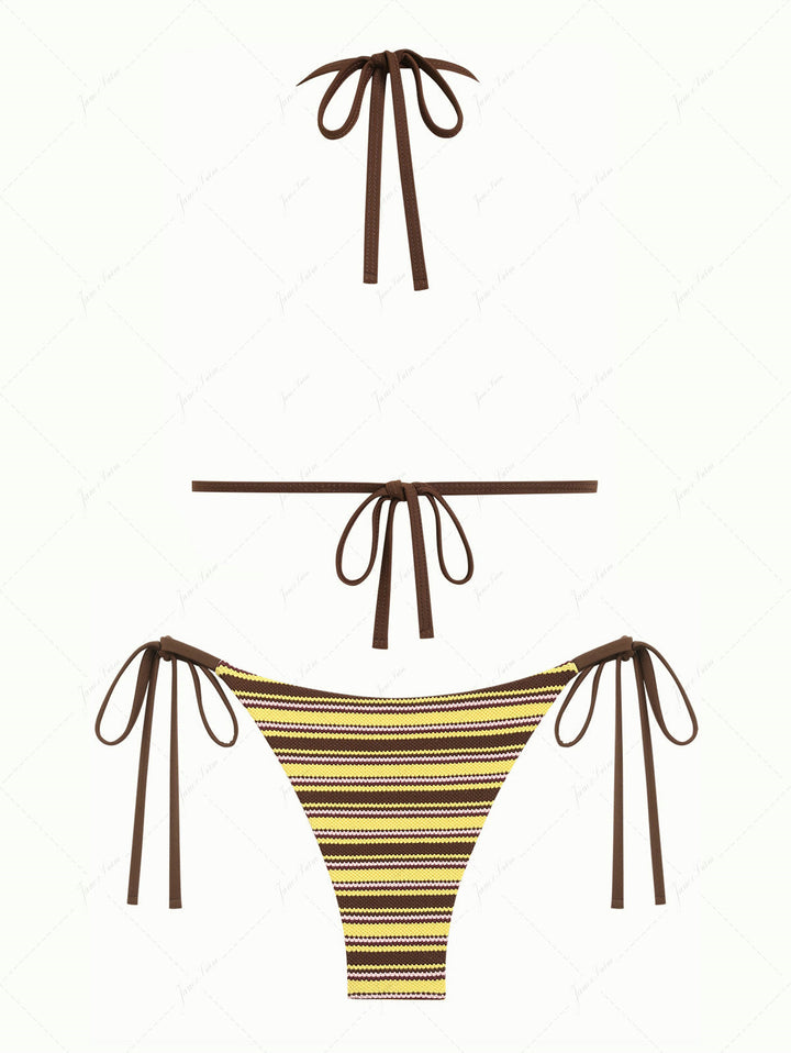 Yellow Knit Striped Textured Triangle Push Up Bikini Set