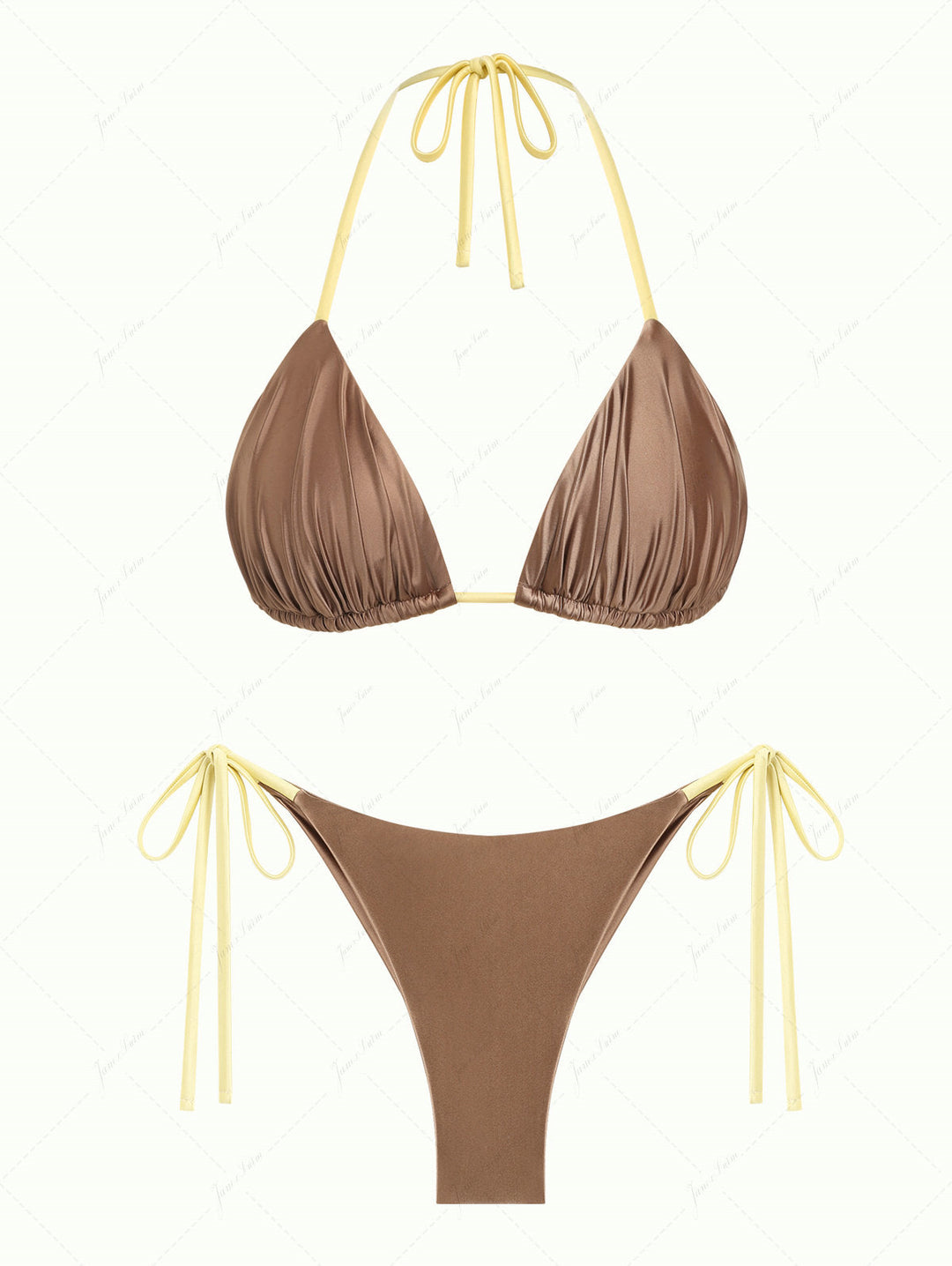 Coffee Satin Ruched Triangle Top & Cheeky Brazilian Bottom Bikini Set