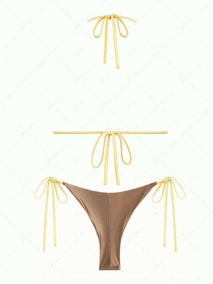 Coffee Satin Ruched Triangle Top & Cheeky Brazilian Bottom Bikini Set