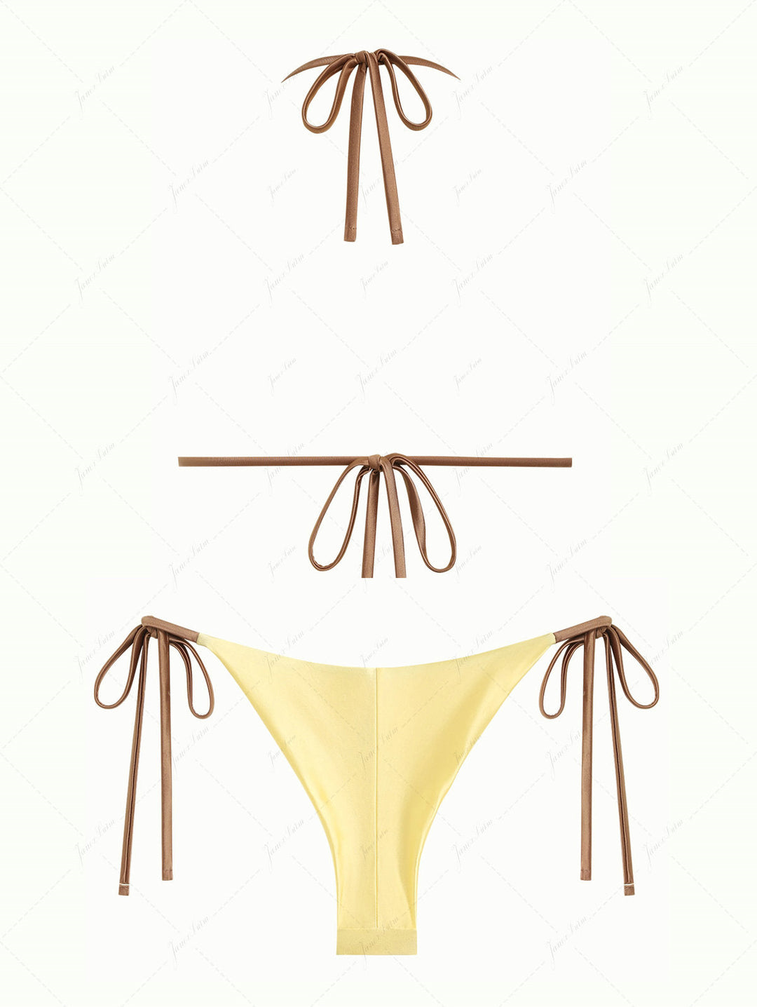Light Yellow Satin Ruched Triangle Top & Cheeky Brazilian Bottom Bikini Set