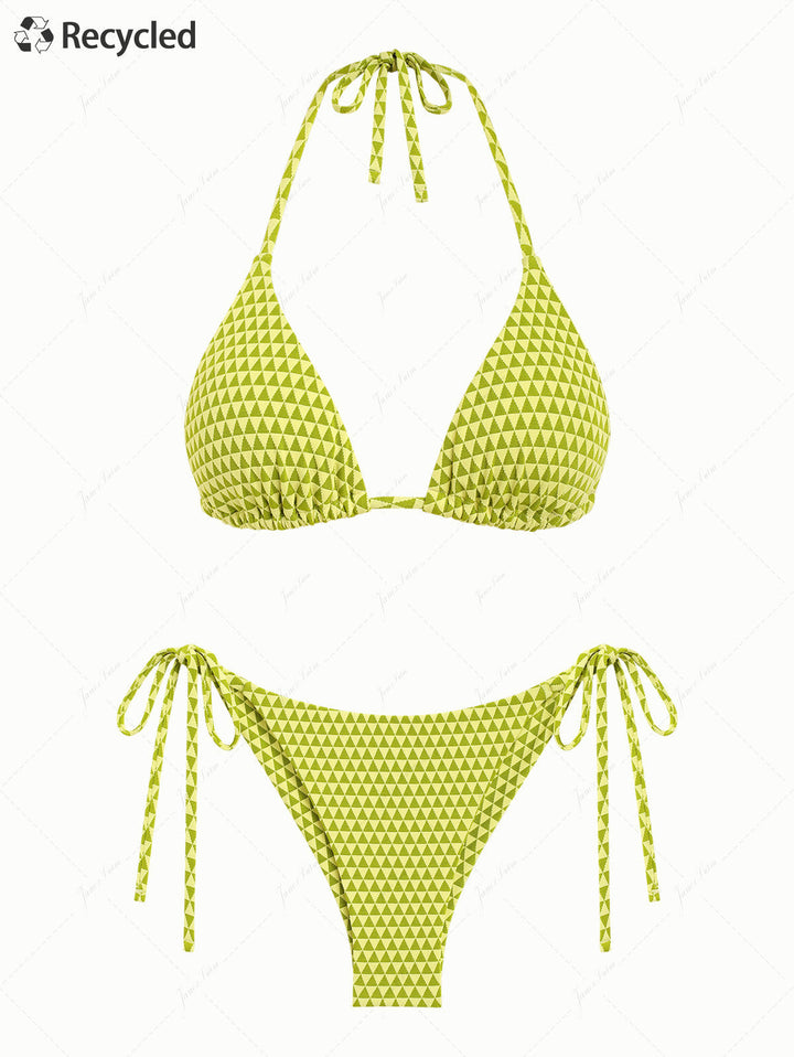 Green Recycled Fabric Triangular Grid Pattern Triangle Top & Cheeky Brazilian Bottom Bikini Set