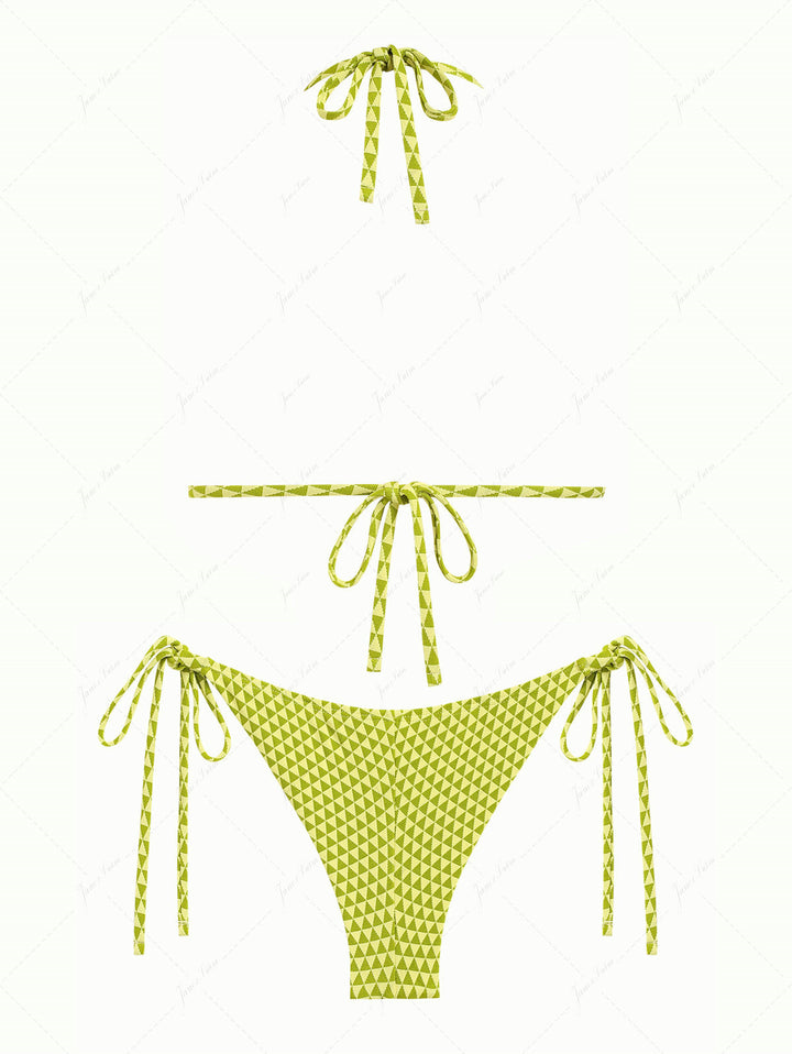 Green Recycled Fabric Triangular Grid Pattern Triangle Top & Cheeky Brazilian Bottom Bikini Set