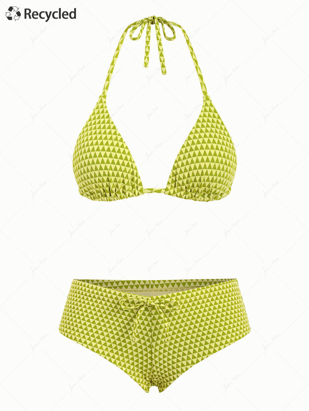 Green Recycled Fabric Triangular Grid Pattern Cheeky Boyshorts Bikini Set