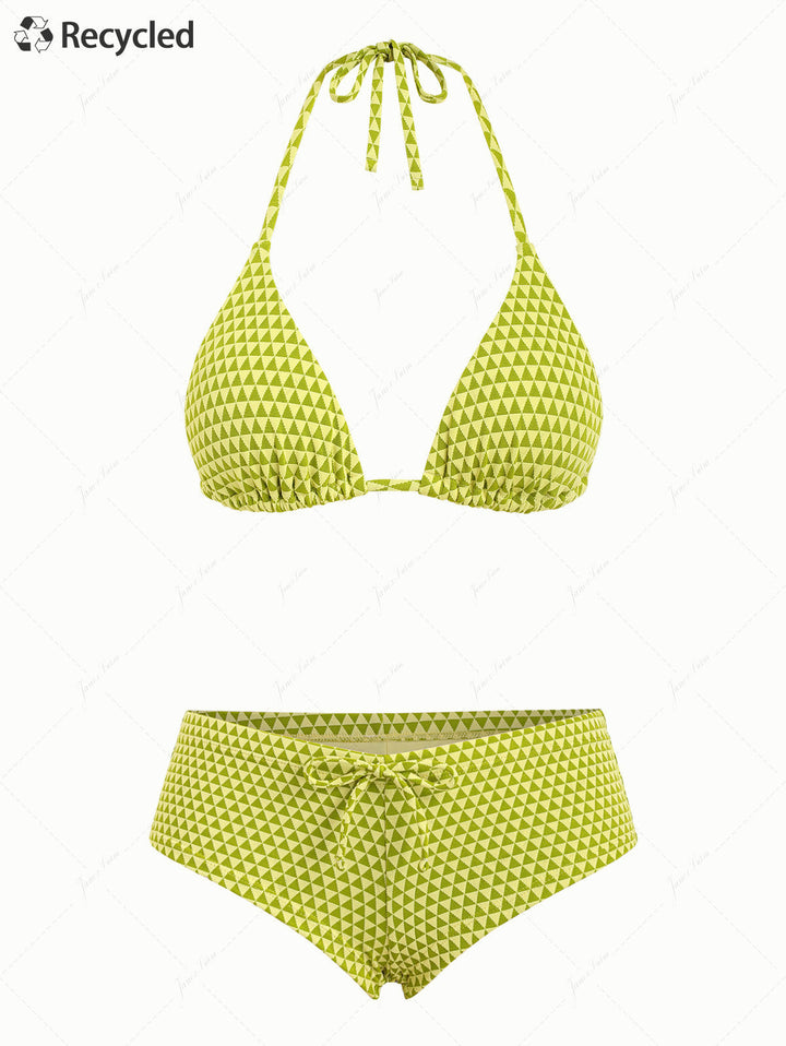 Green Recycled Fabric Triangular Grid Pattern Cheeky Boyshorts Bikini Set