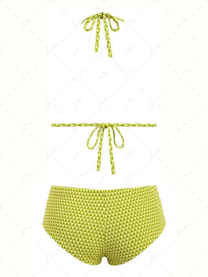 Green Recycled Fabric Triangular Grid Pattern Cheeky Boyshorts Bikini Set