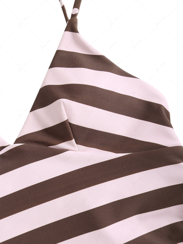 Pink Striped Polka Dot Crisscross Tie Reversible Top & Cheeky Boyshorts Tankini  Set