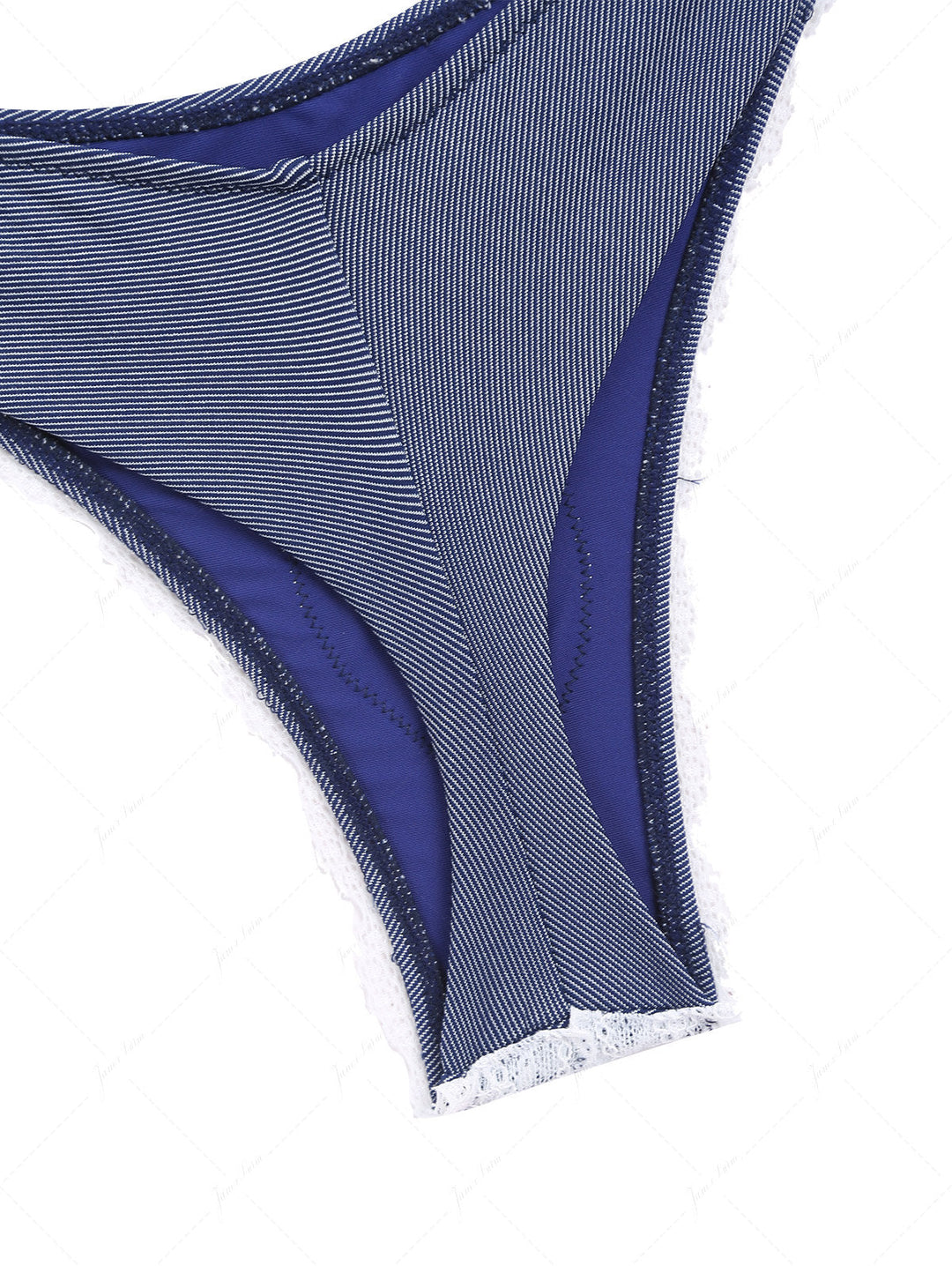 Deep Blue Denim Lace Bowknot Halter Triangle Thong Bikini Set